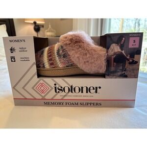NIB Isotoner Womens Memory Foam Slippers Pink Knit Faux Fur Small 6.5-7